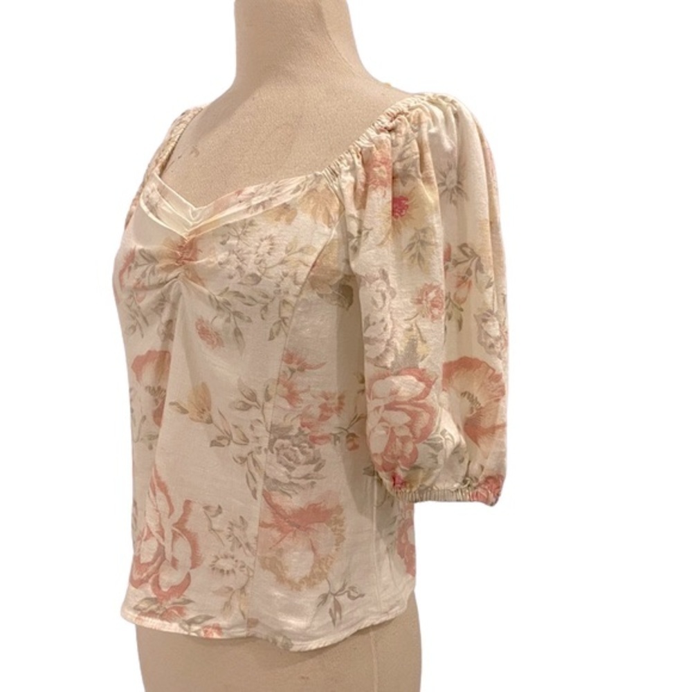Puff Sleeve Floral Sweetheart Neck Linen Prairie Style Top - Picture 5 of 9